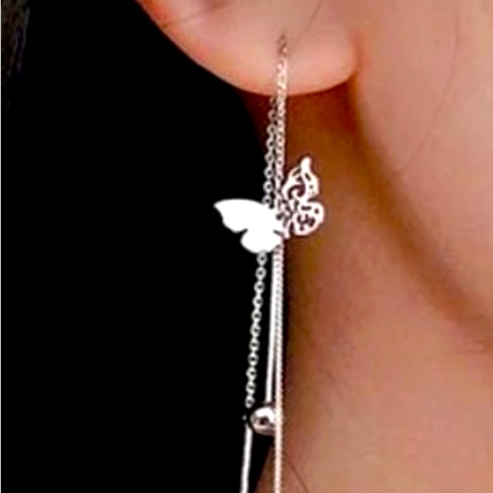 Butterfly 925 Silver post tassel drop earrings